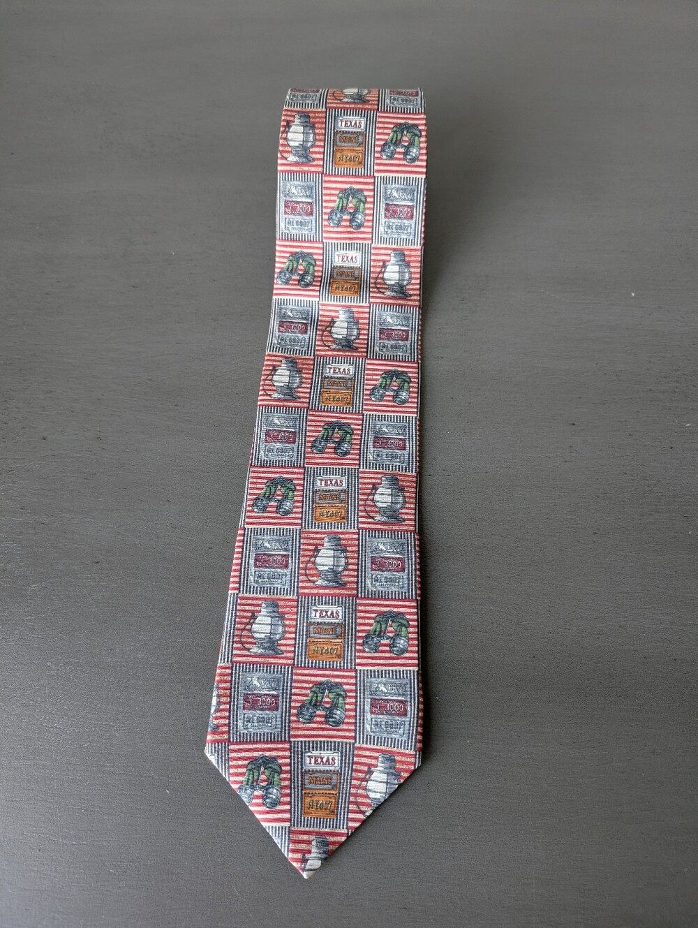 Structure Silk Texas Striped Lantern Red, Black Patterned Necktie 55.75" Long